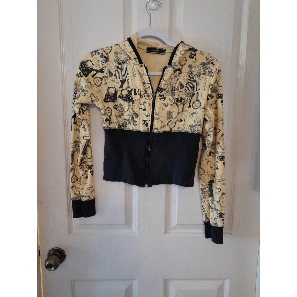 Vintage Jewels Yellow Mod Design ZipUp With Hood Sweatshirt. Pit To Pit 16". B57